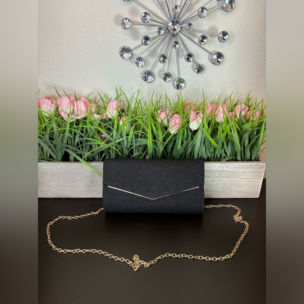 Dressy black and gold sparkly clutch and or crossbody bag